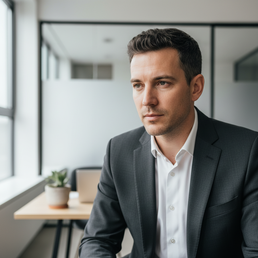 Professional male manager in formal attire, clean bright office background