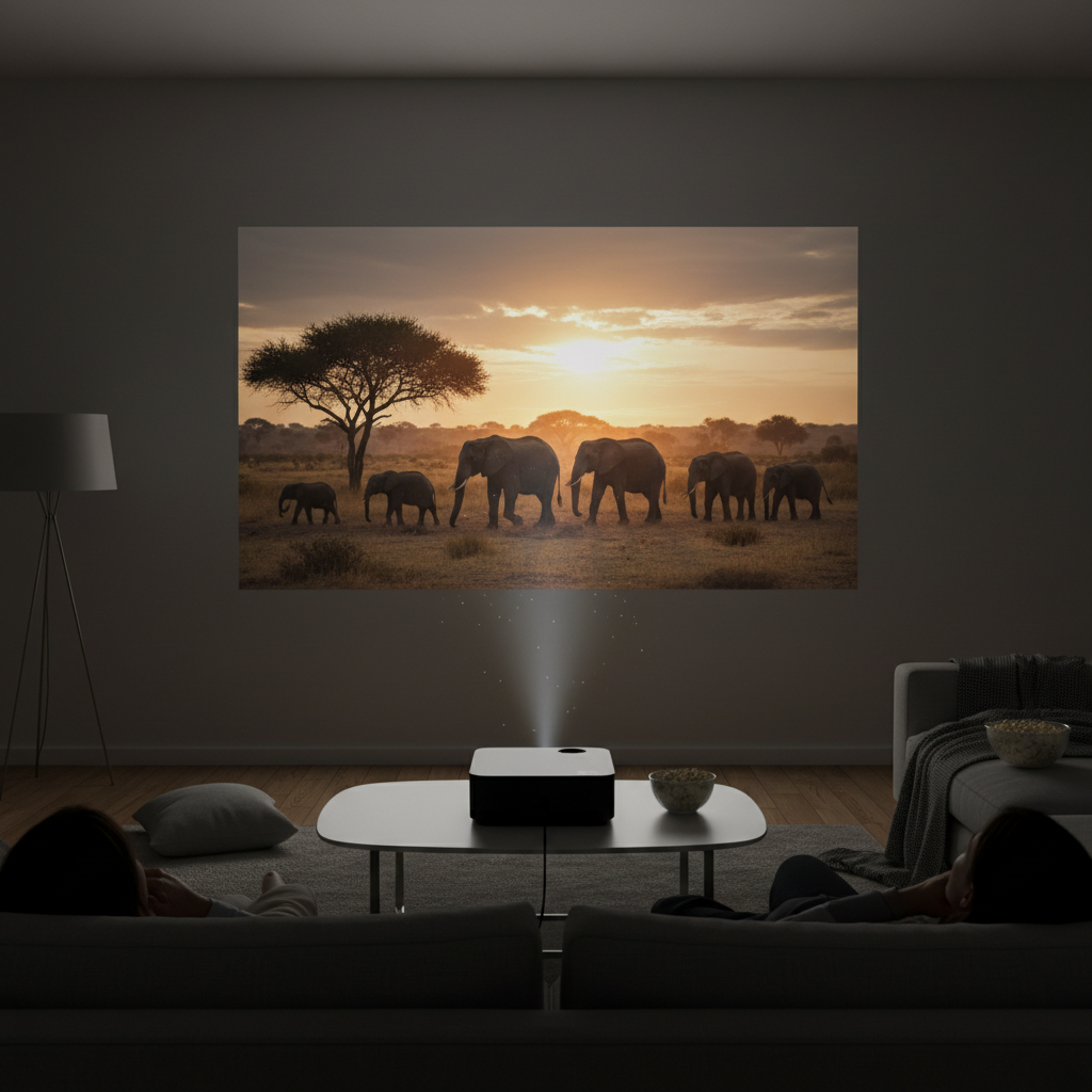 Small projector displaying image in dark room