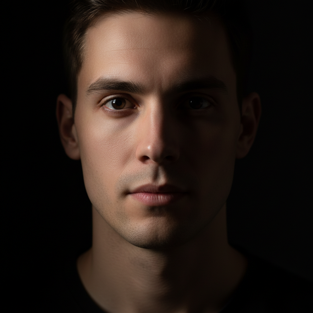 Dark cinematic portrait with dramatic directional lighting and deep shadows