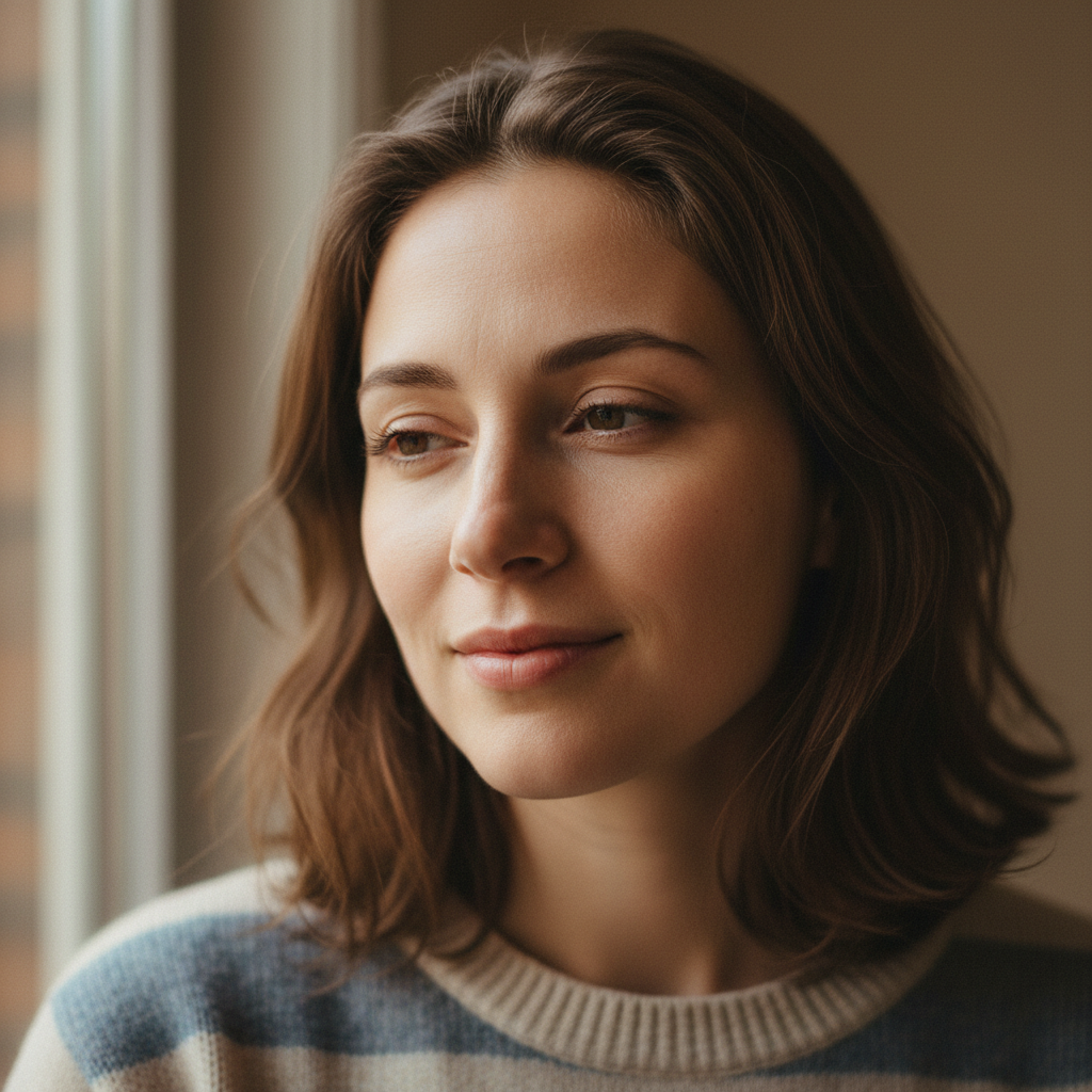 Close portrait with warm ambient light, genuine emotion