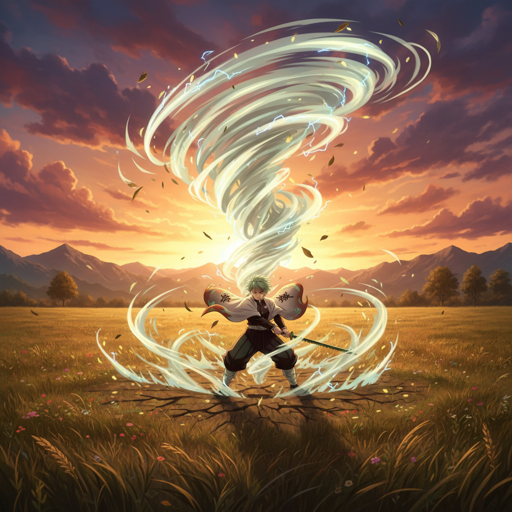 Wind hashira surrounded by swirling tornado energy in an open field at sunset