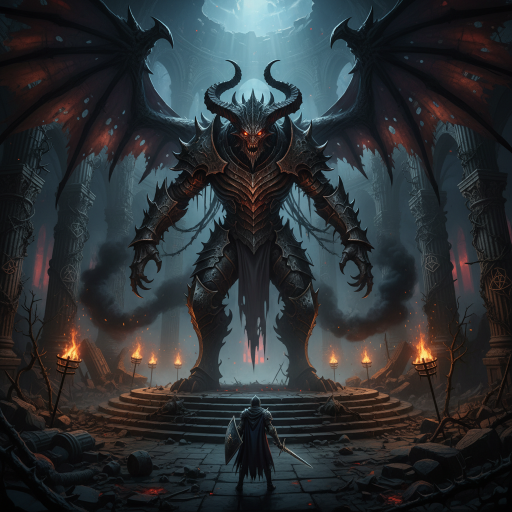 Dark fantasy game environment with dramatic lighting