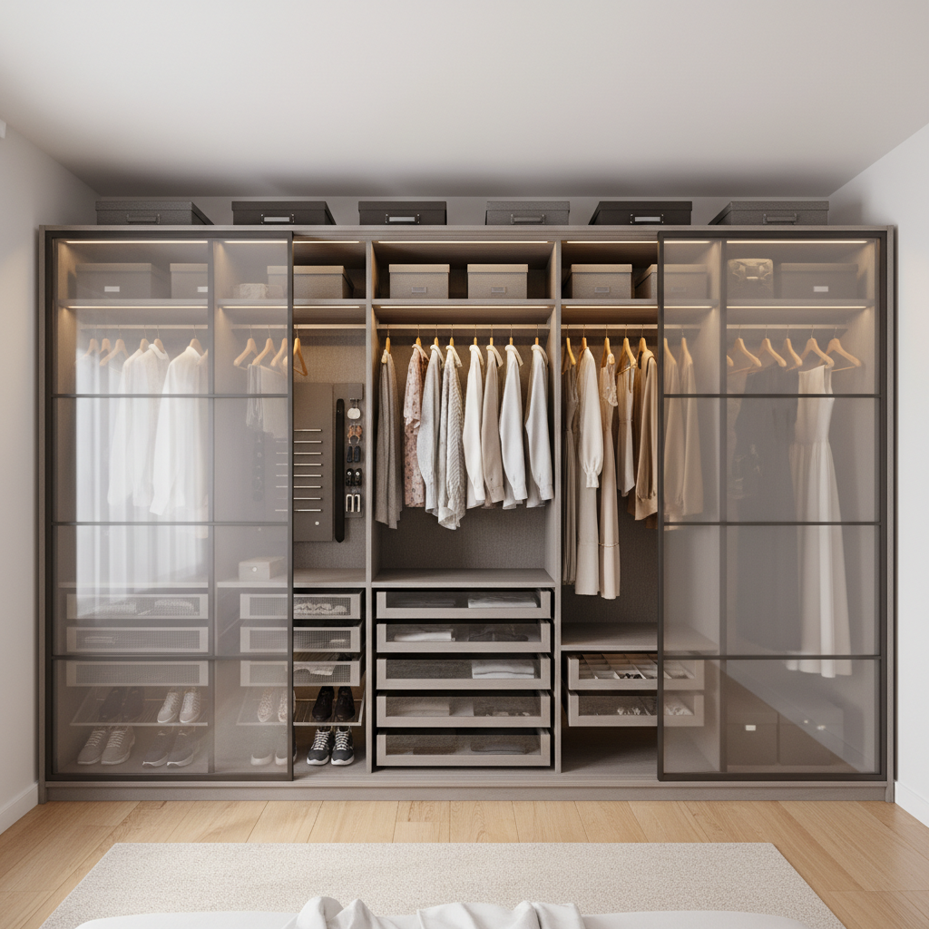 Armario empotrado a medida de suelo a techo con puertas correderas y distribución interior optimizada