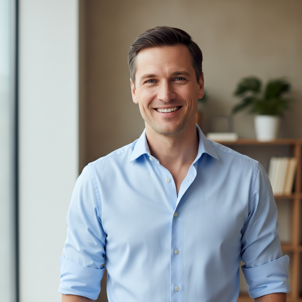 Business professional man with friendly smile, clean background