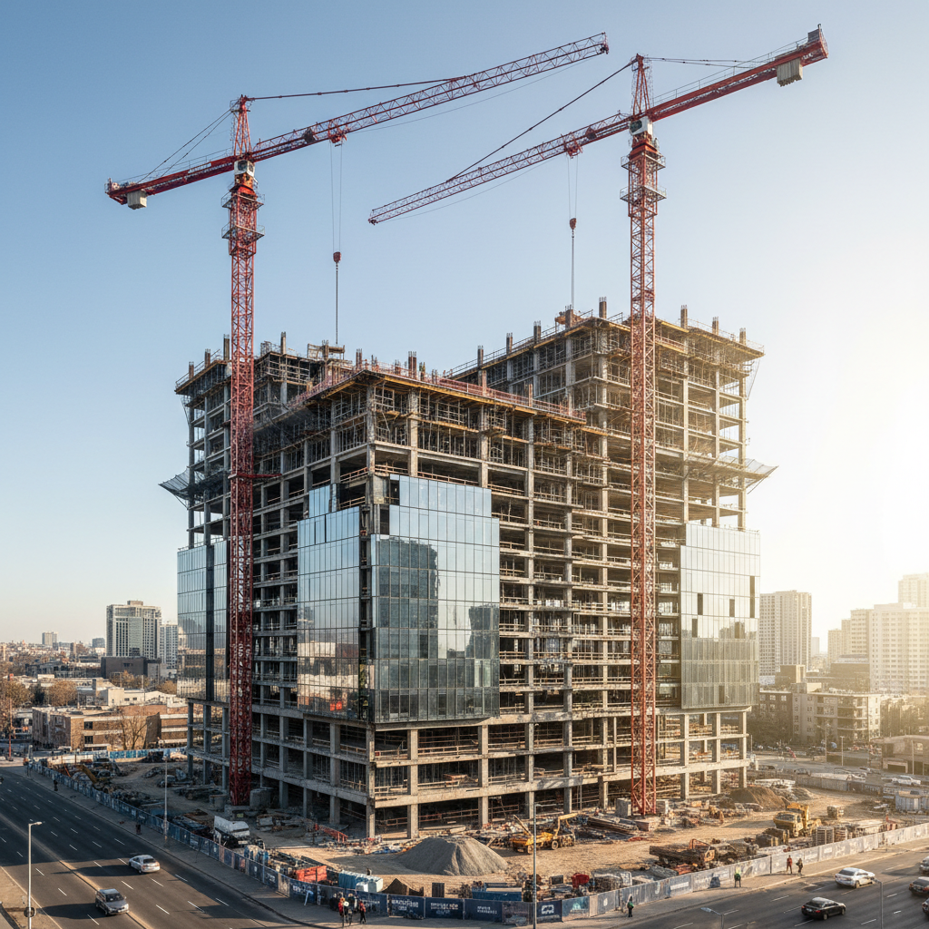 Construction site with cranes and modern building under development in daylight