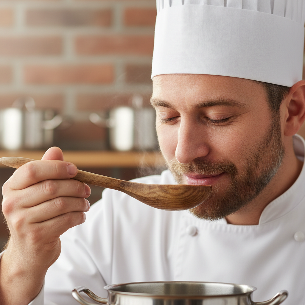 Candid portrait of a chef tasting from a wooden spoon with his eyes closed in satisfaction