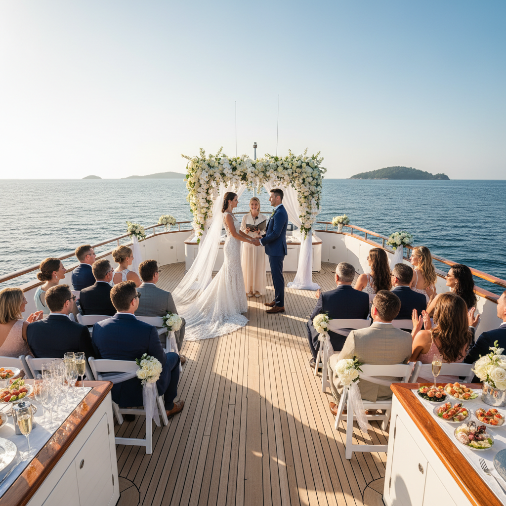 Private yacht deck with elegant setup for couple celebration on tropical ocean
