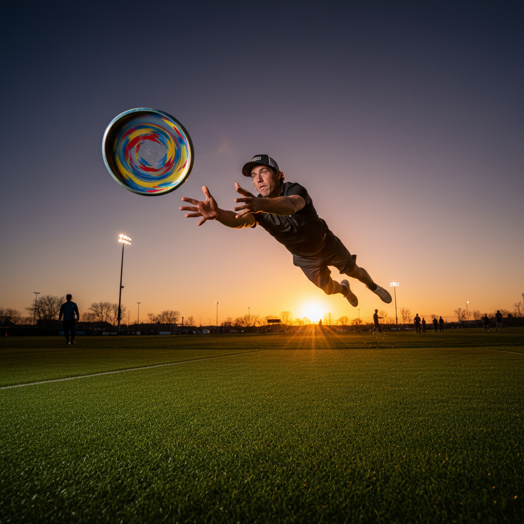 Layout catch frozen mid-extension above tournament-grade turf at golden hour, stadium lights beginning to glow against a bruised sky, disc visible between outstretched fingertips