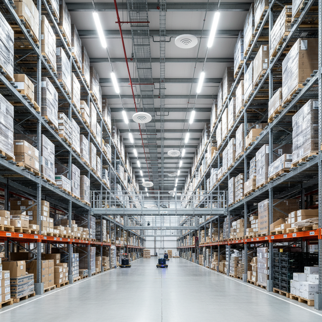 Industrial warehouse interior with high racking and wireless access points mounted on ceiling providing Wi-Fi coverage