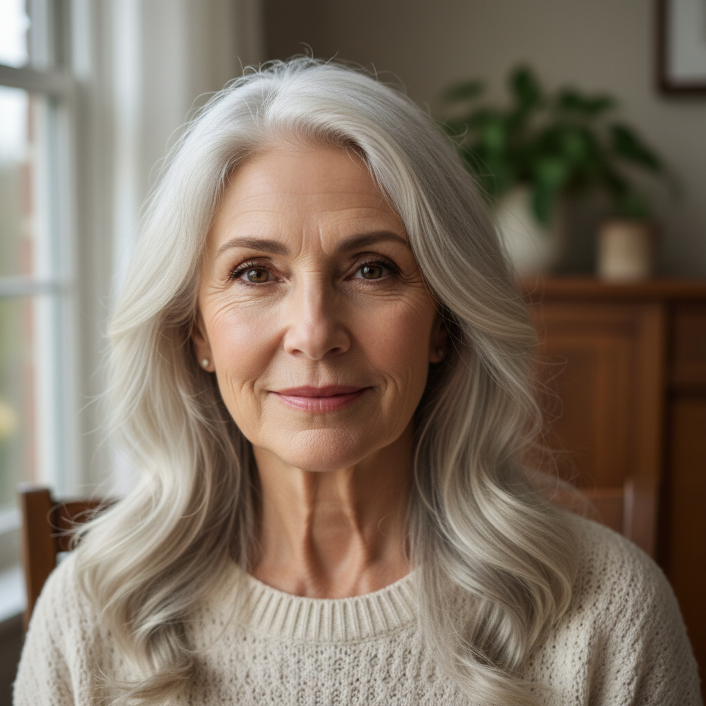 Distinguished older woman with silver hair, dignified and warm expression