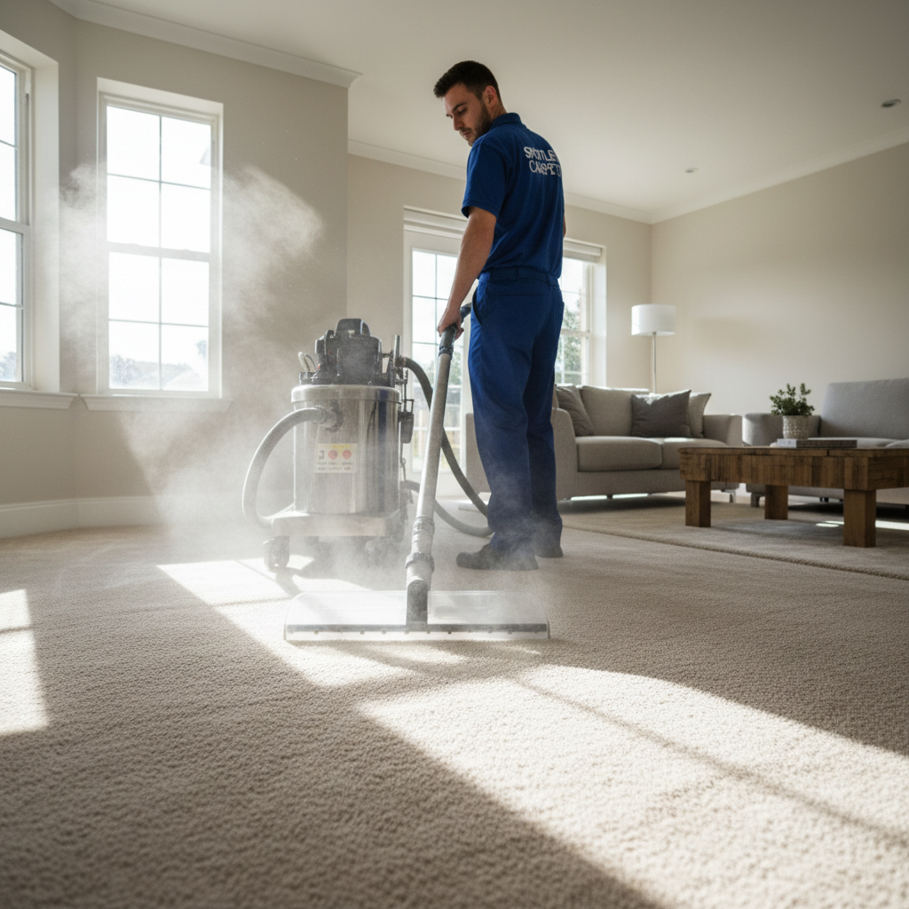 Professional steam cleaning machine removing stain from plush cream carpet in bright living room
