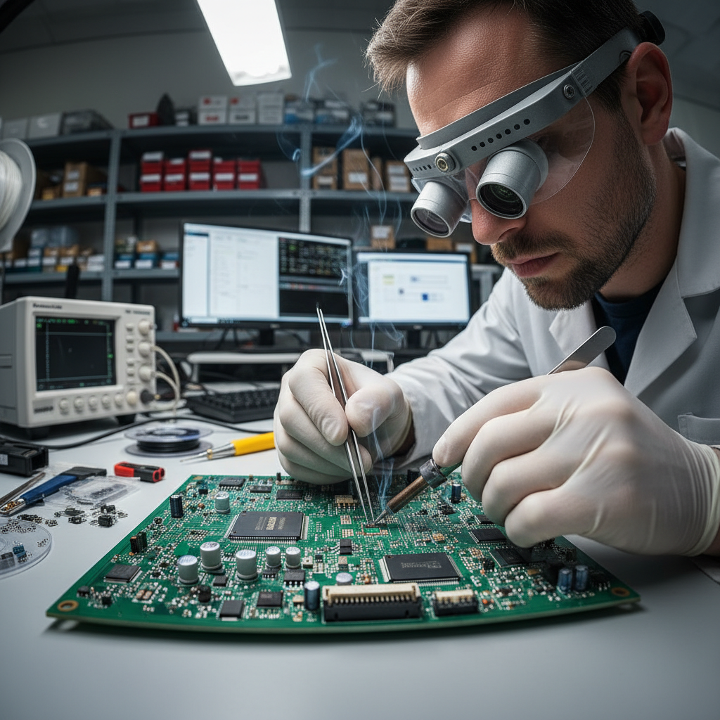 Electronics technician assembling PCB board for PMKVY skill development program