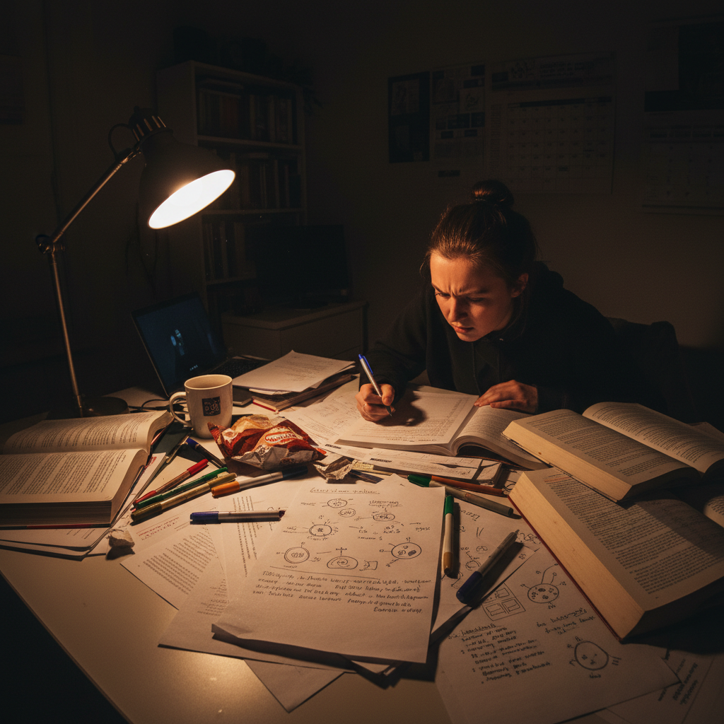Focused student studying late at desk with textbooks and lamp