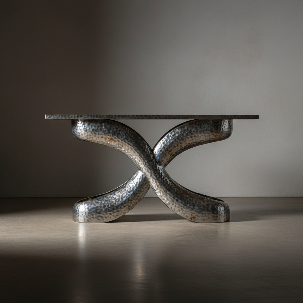 Sculptural steel console table with hammer-textured surface in a minimalist concrete interior