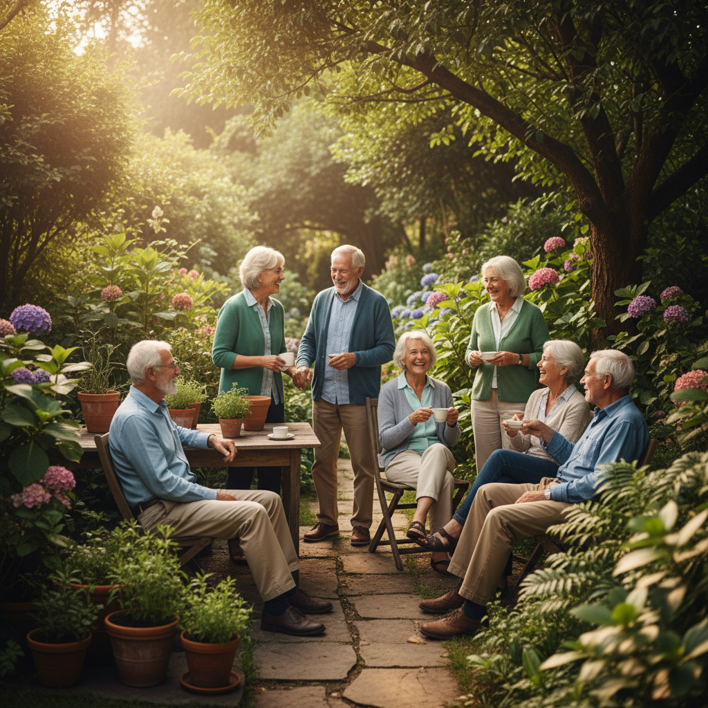 Friends enjoying afternoon tea together, smiling over cups of tea and cake in a bright tea room
