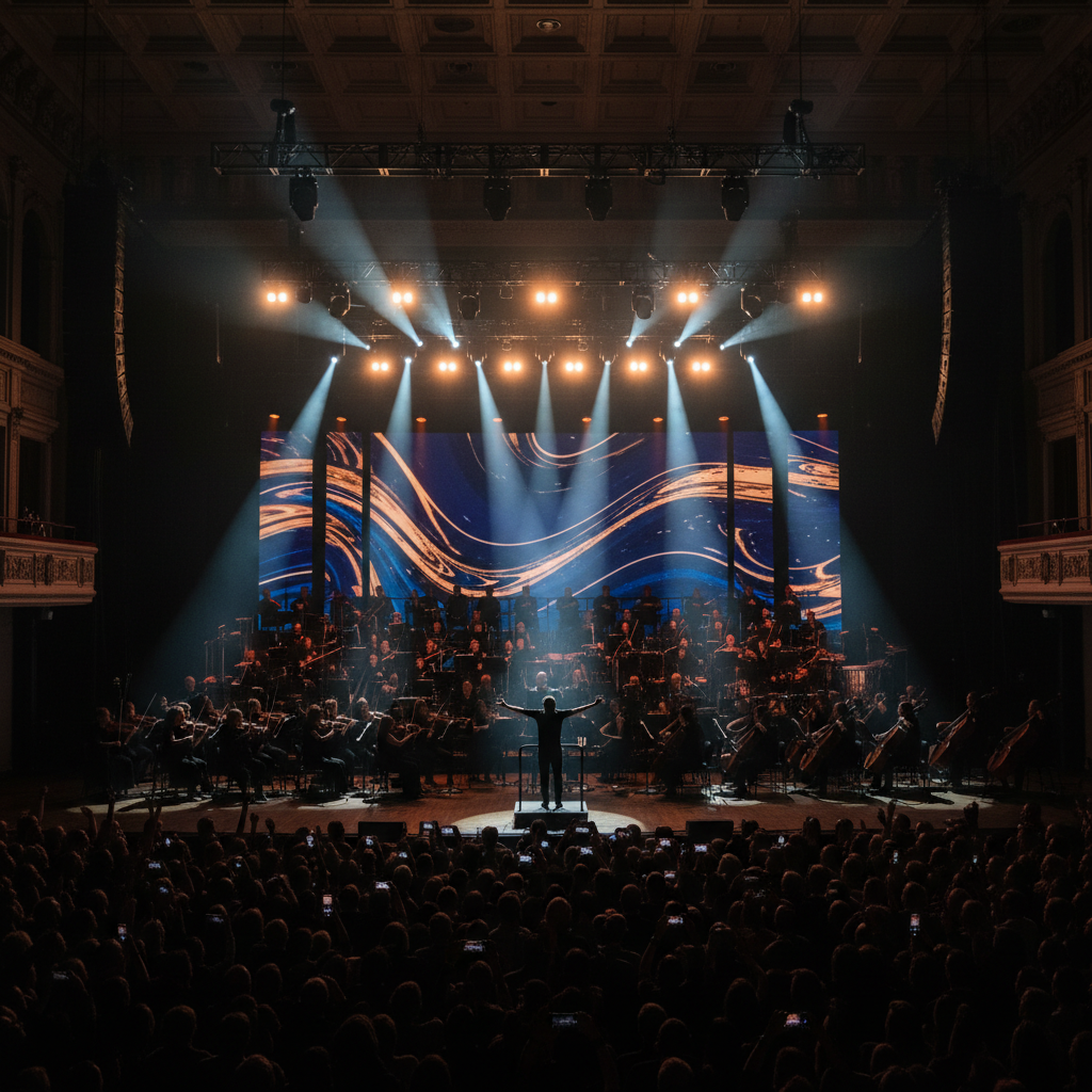 Concert hall stage with dramatic lighting, performer silhouetted against large orchestral backdrop and packed audience