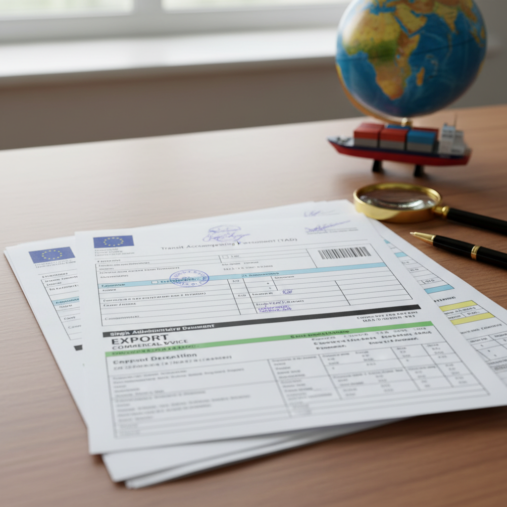 Zollbeamter berechnet Zollwert auf Computer mit Taschenrechner