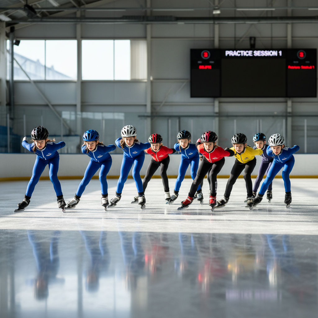 Group of junior skaters in a line practicing starting technique