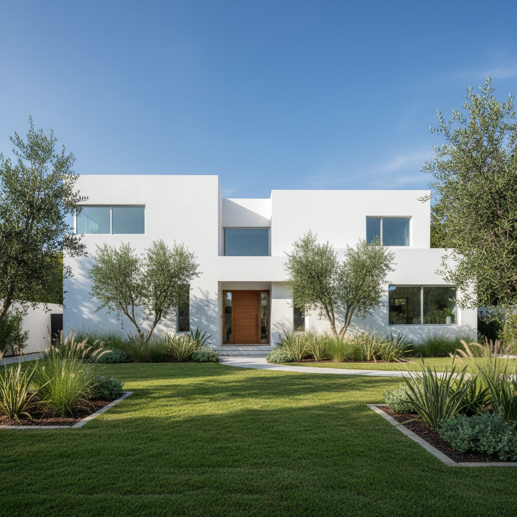 Renovated house exterior with fresh paint and modern landscaping in sunshine