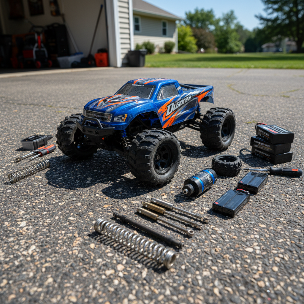 Stock RC truck ready for upgrades on asphalt