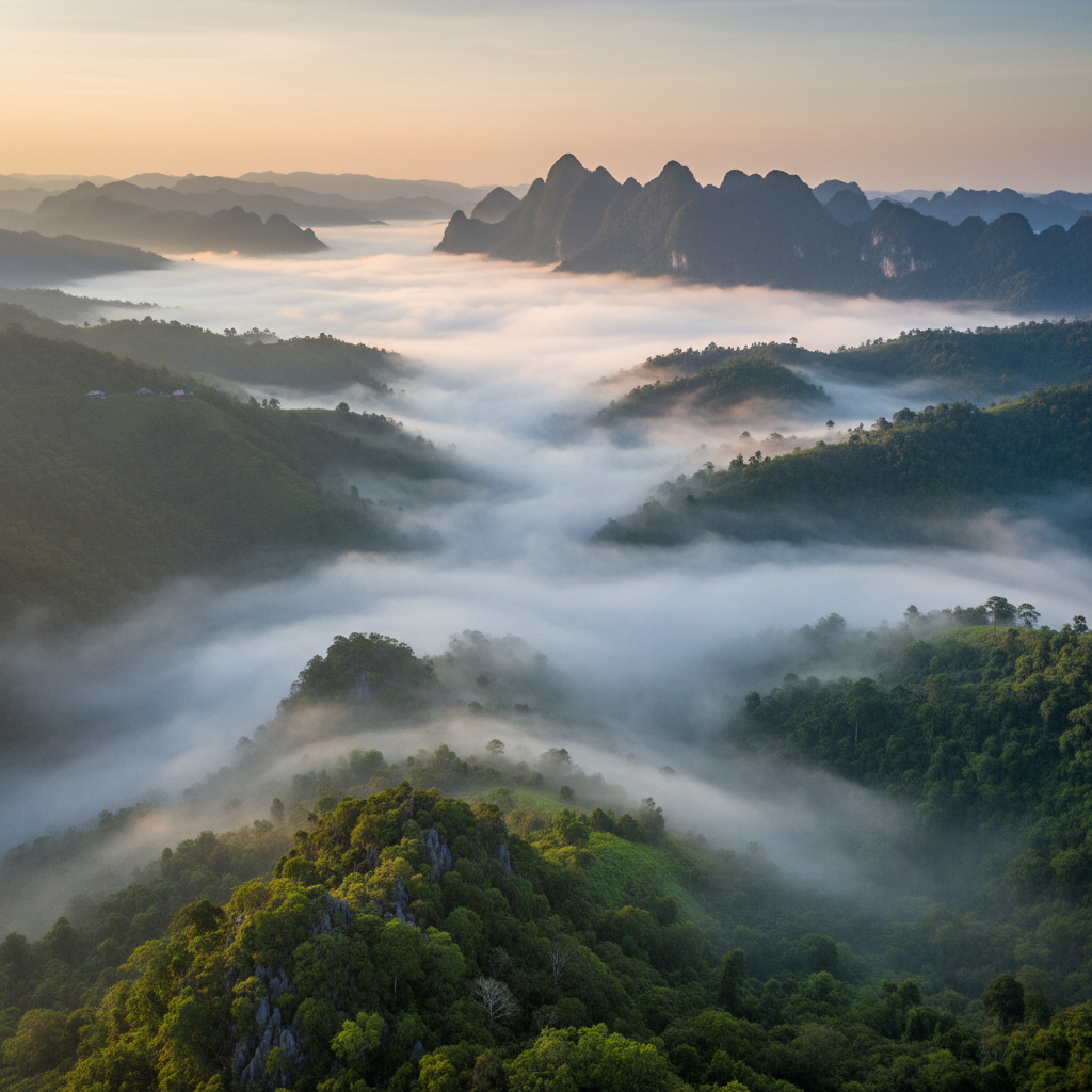 Mist over mountainous terrain in Southeast Asia at early morning