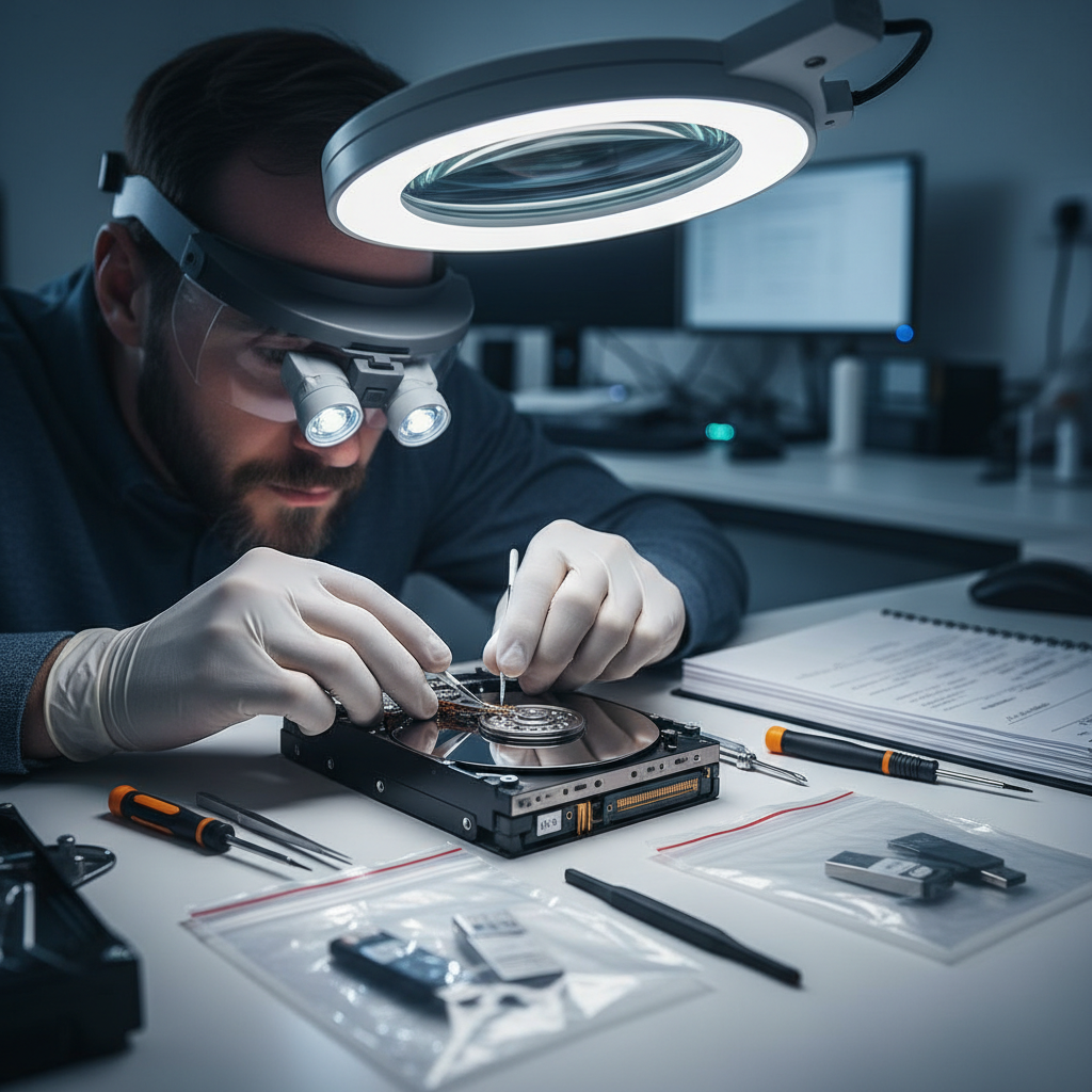 Close-up of technician examining hard drive with magnifying glass and verification equipment