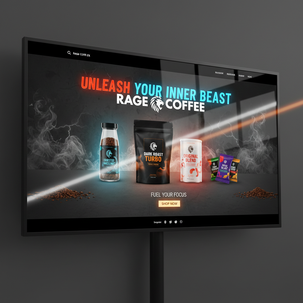 Rage Coffee homepage — bold brand hero with coffee product lineup and energy-focused messaging