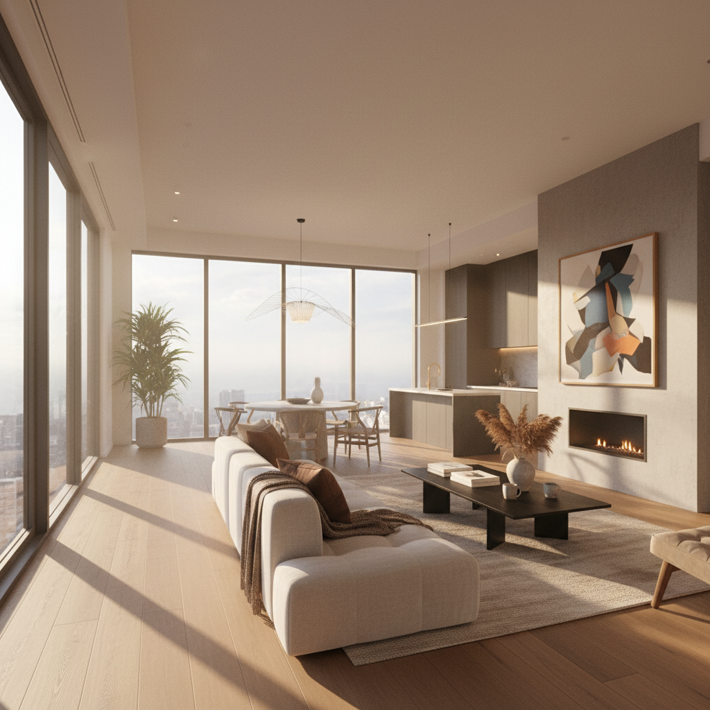 Modern residential apartment interior with warm afternoon light through large windows