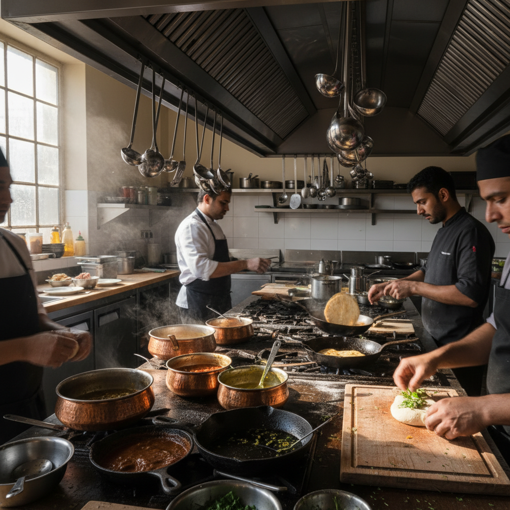 Kitchen organized chaos — copper urlis, cast-iron tawas, and hands at work
