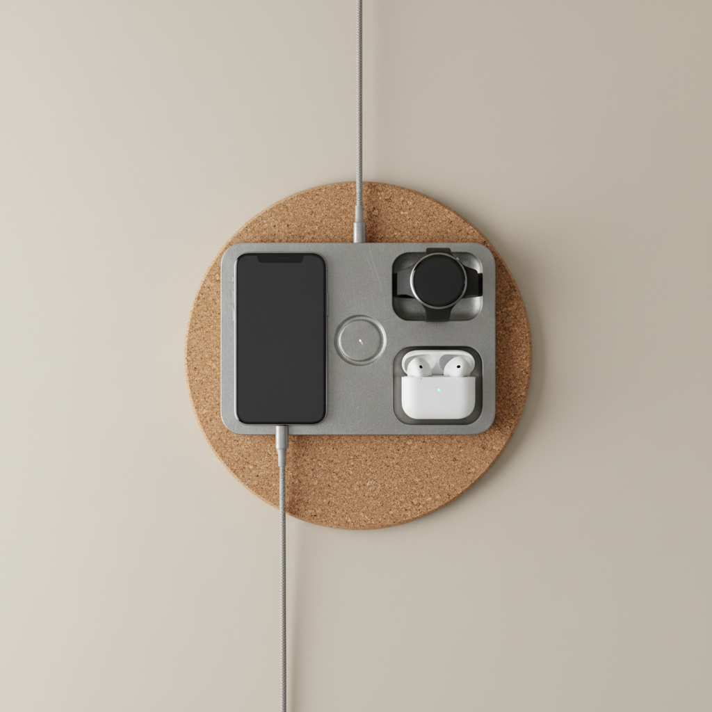 Minimal multi-device charging dock in cast zinc with cork base shown from above with devices charging