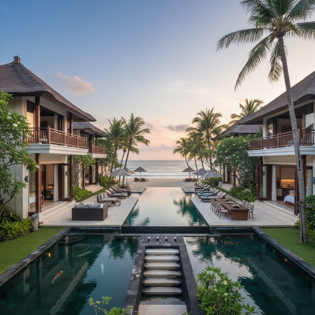 Luxury beachfront cottage with private terrace overlooking Gokarna beach, teal ocean water, palm trees, golden sunrise