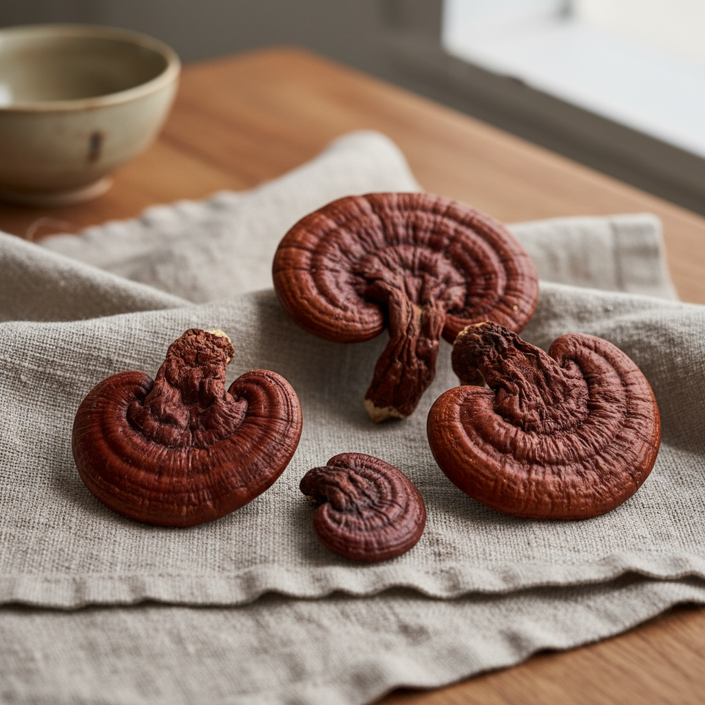 Dried reishi mushroom slices arranged on natural linen cloth