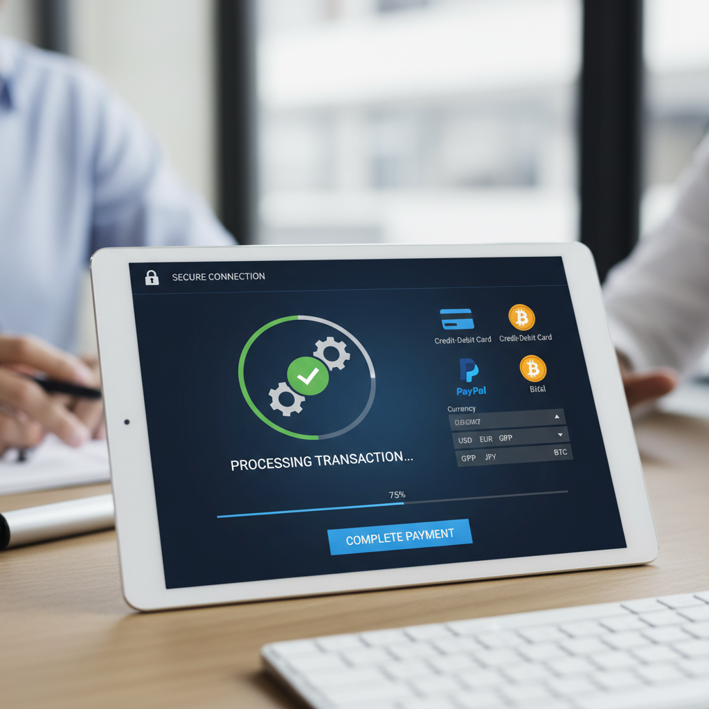 Secure payment gateway interface showing transaction processing and multi-currency payment options