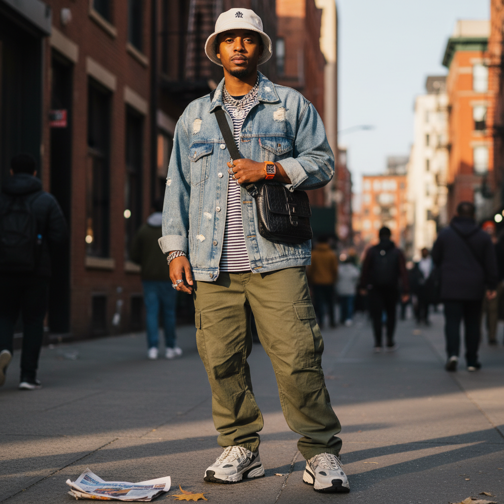 Street style fashion look, modern urban aesthetic, stylish accessories