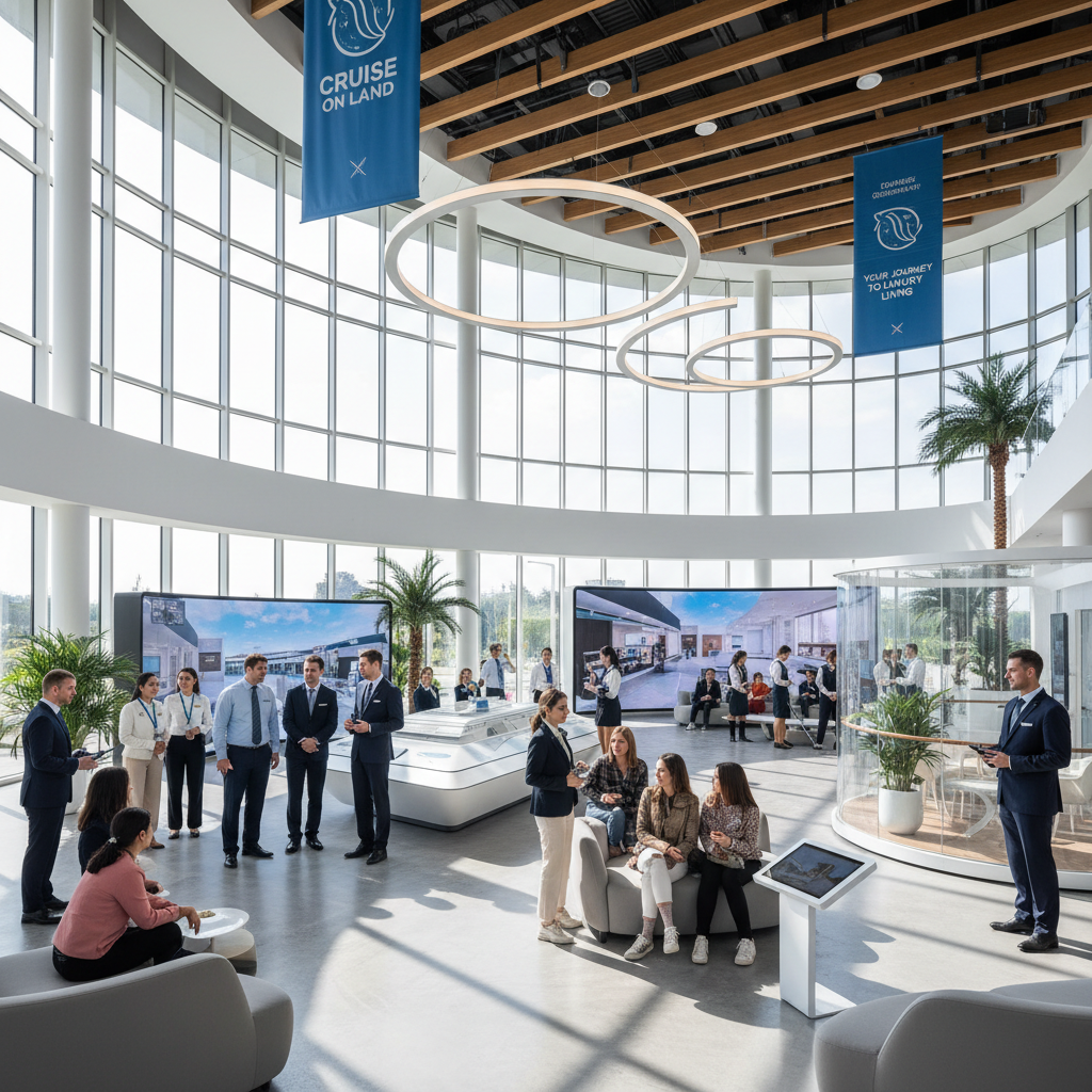 Modern sales office with open floor plan, bright overhead lighting, team at work, clean contemporary space