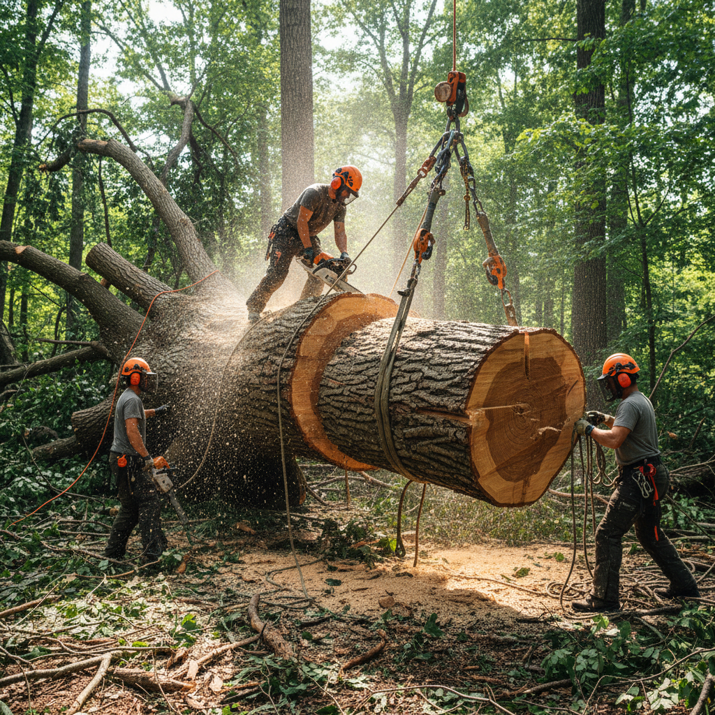 Crew working with chainsaws and rigging to section a fallen tree trunk on a residential property