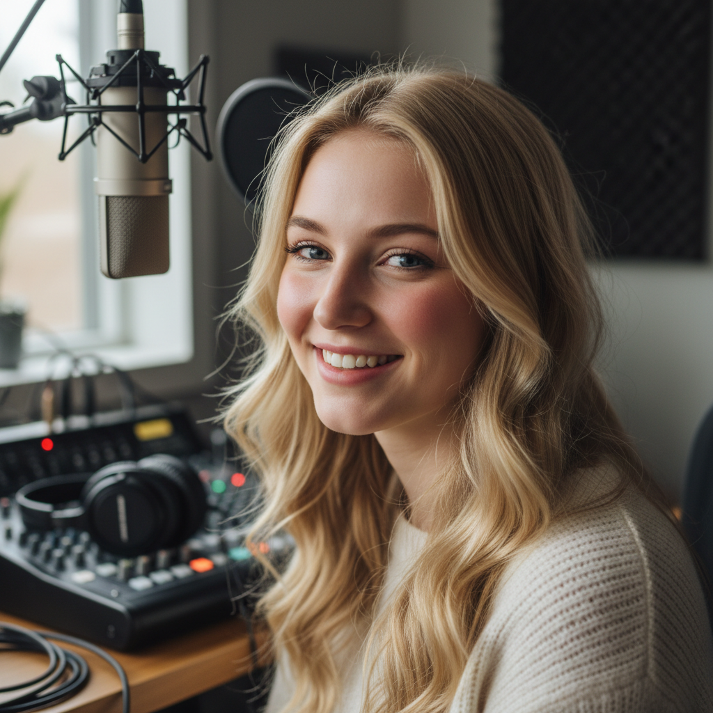 Blonde woman smiling, audio equipment visible in background