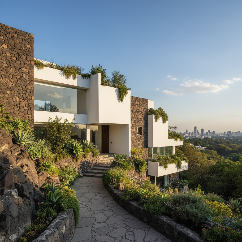 Modern luxury residential home exterior with clean white walls and landscaped garden, real estate construction