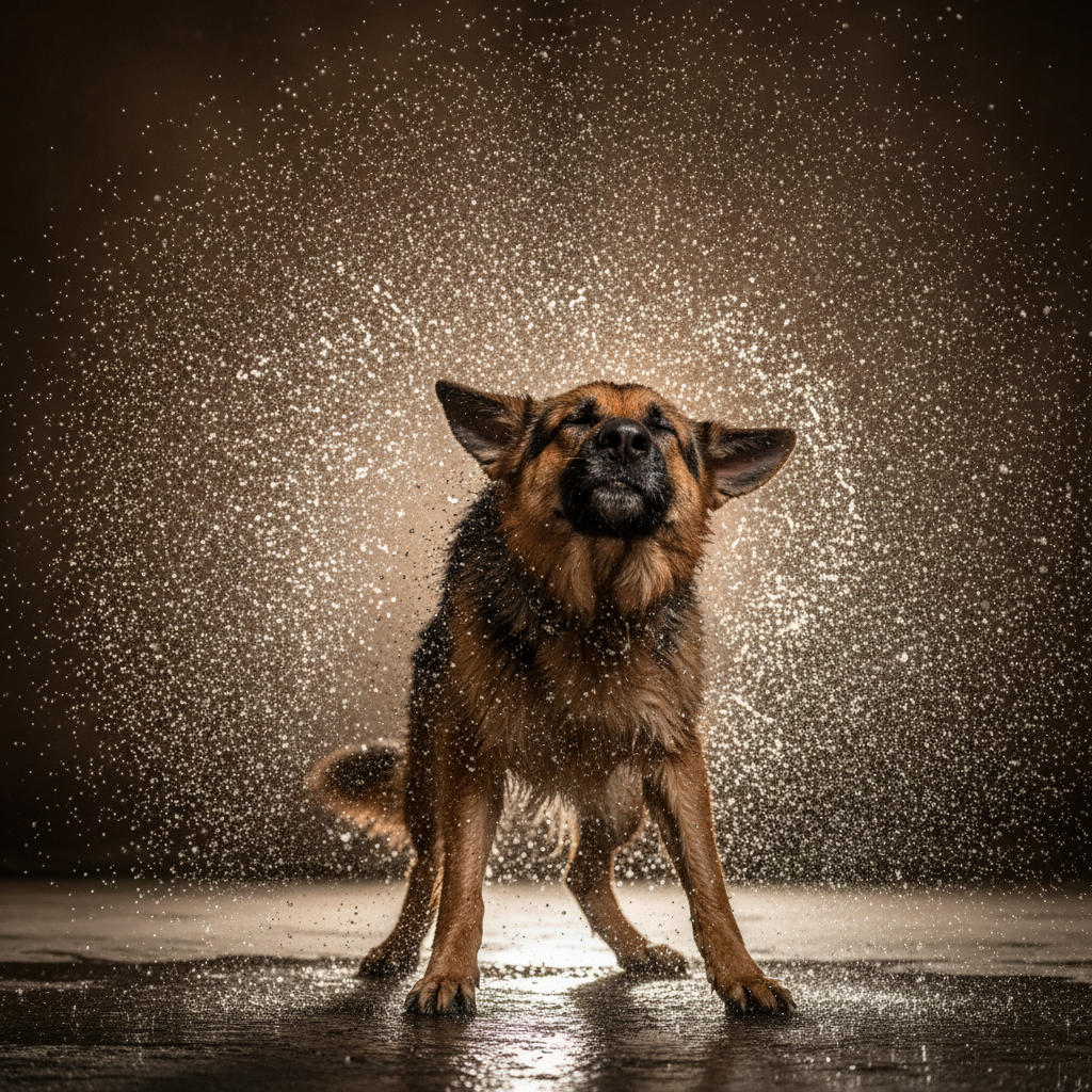 German Shepherd mid-shake sending water droplets into backlit studio