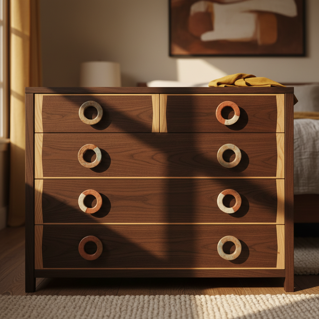 Custom walnut veneer dresser with brass hardware pulls in warm bedroom setting