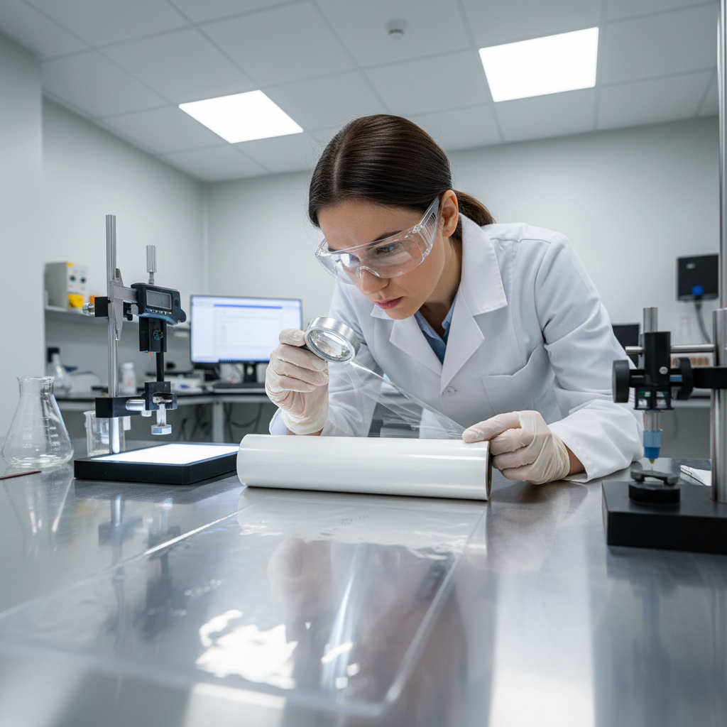 Quality control inspection of flexible packaging materials in bright laboratory setting with precision instruments