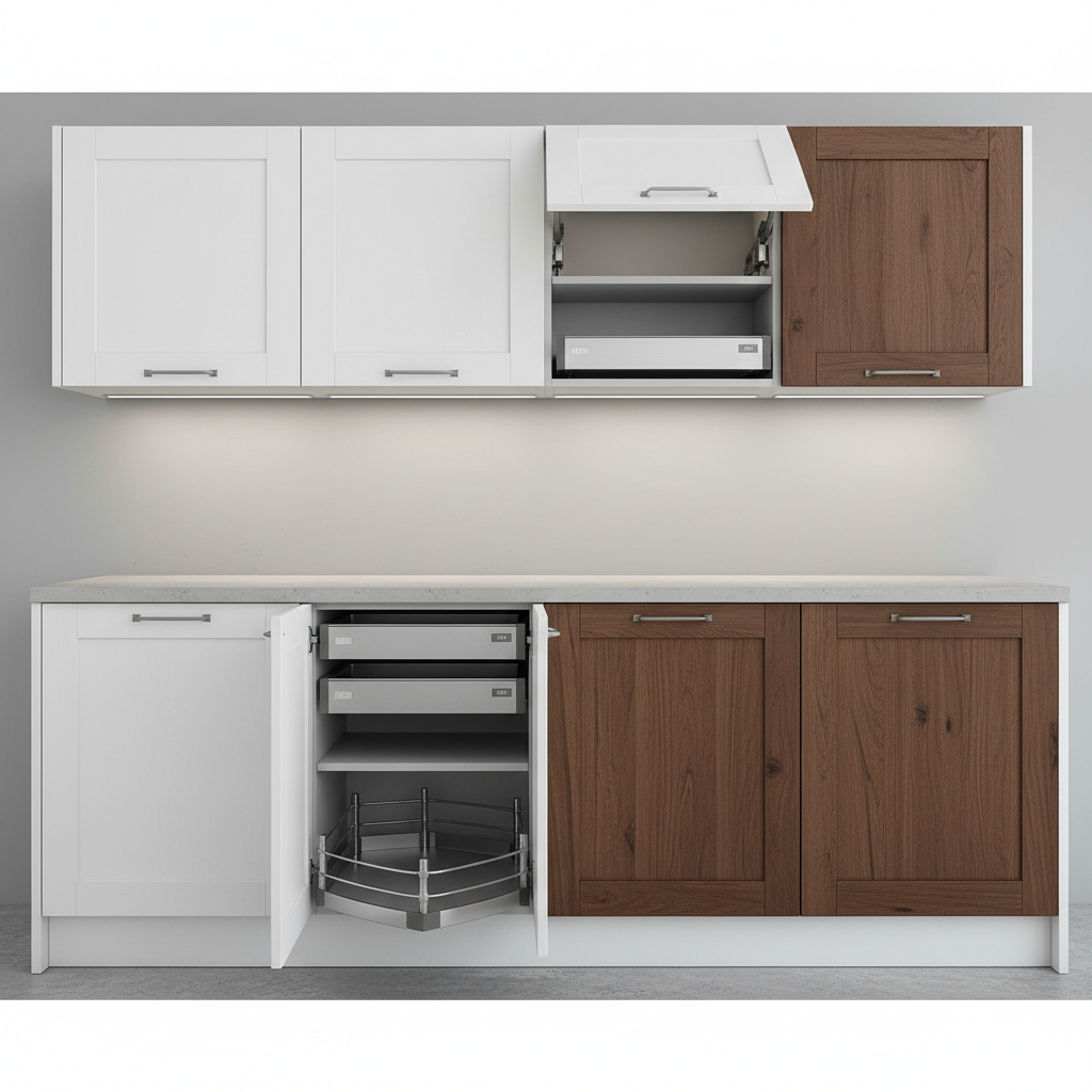 Clean modern kitchen cabinetry with integrated components showing precision manufacturing quality and architectural detail in a professional environment