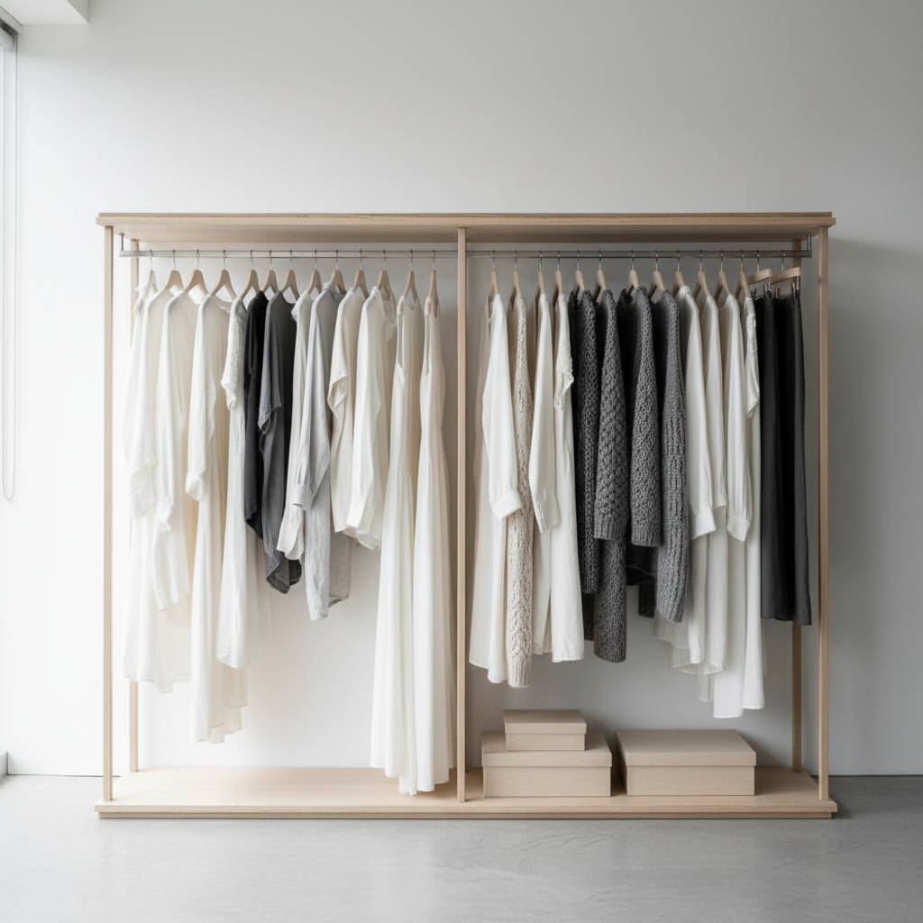 Minimalist wardrobe with neutral tones hanging in order, clean organized closet
