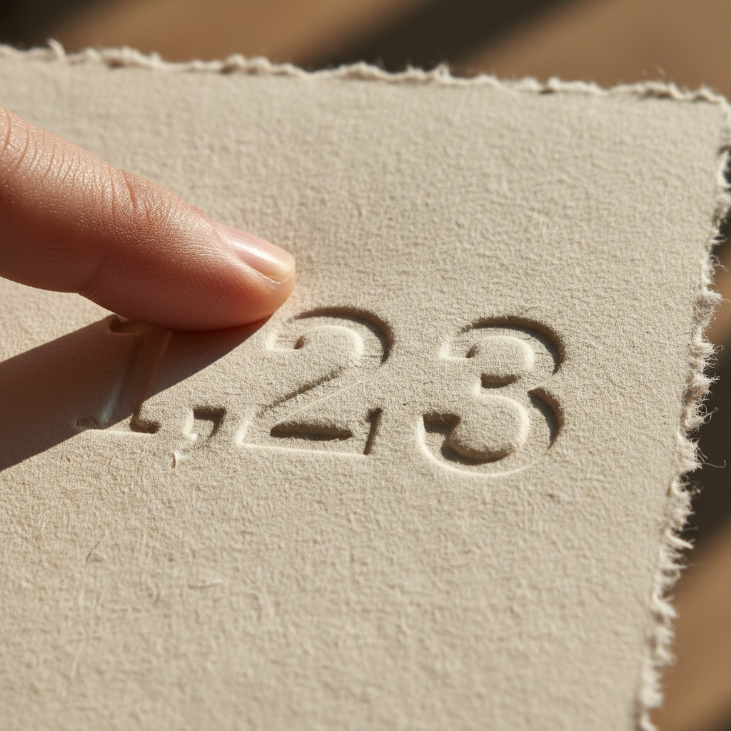 Thumb tracing embossed numerals pressed deep into cotton paper