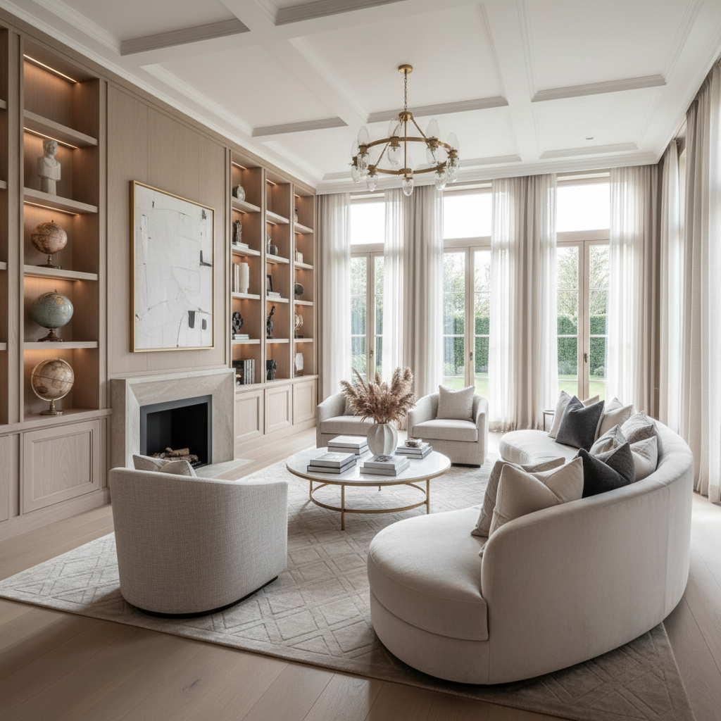 Pristine luxury home interior with high ceilings, neutral tones, floor-to-ceiling windows, bright airy well-lit open living space