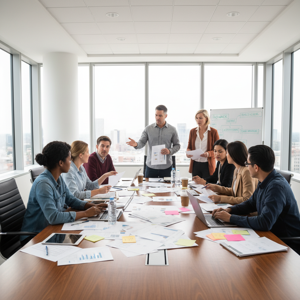 Professional team meeting in bright modern office, diverse group reviewing insurance documents, warm collaborative atmosphere