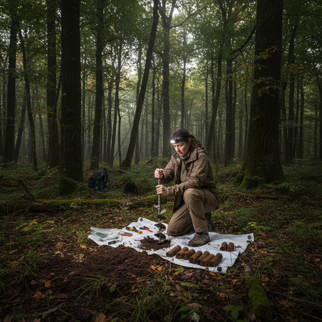 Environmental scientist conducting field soil assessment in Pennsylvania woodland, taking core samples, professional equipment, dim forest light, dark green canopy overhead