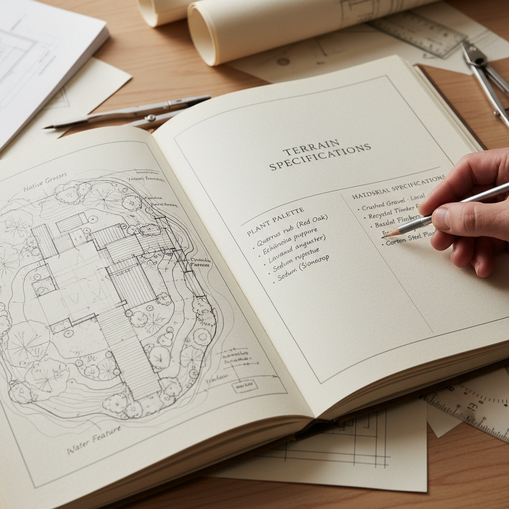 Preview of Terrain Process Guide showing hand-drawn landscape plans and material specifications on drafting paper