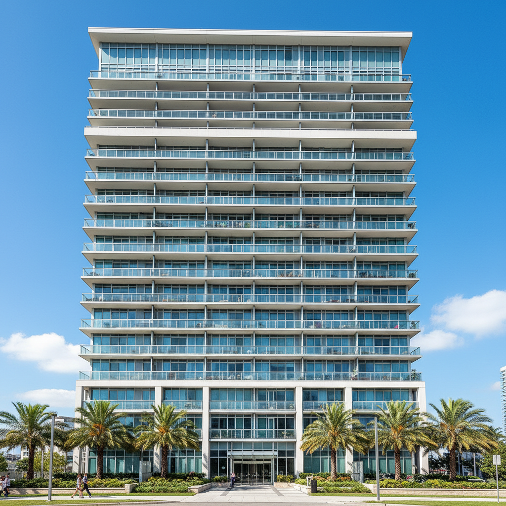 Fifteen-story residential condominium building with glass balconies, the subject property of a non-warrantable loan closed in 34 days