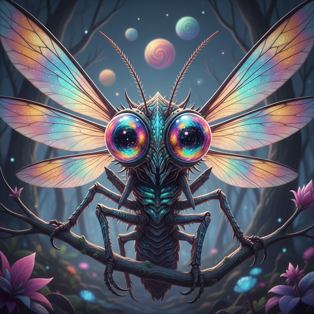 Full body creature suit — insectoid alien with chitinous texture, compound eye prosthetics, and hand-painted iridescence